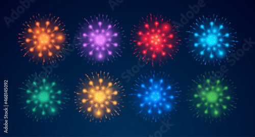 Holiday celebration and greetings, fireworks bursting and exploding set. Festivity and glowing pyrotechnics, shimmer and glowing, sparkling and shining effects in evening. Vector illustration