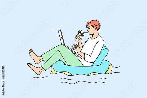 Relaxed man swim on inflatable ring work online on laptop at home lockdown or quarantine. Calm male employee downshifting in swimming pool. Distant job concept. Vector illustration. 