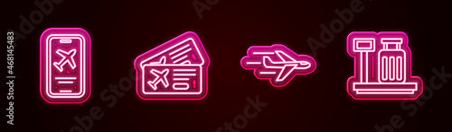 Set line Mobile with ticket, Airline, Plane and Scale suitcase. Glowing neon icon. Vector