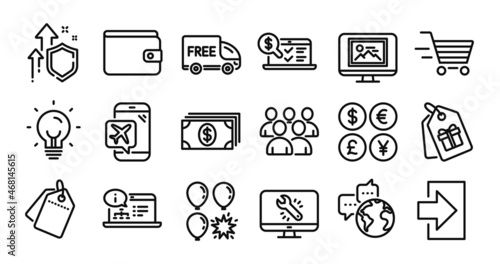 Sale tags, Banking and Online documentation line icons set. Secure shield and Money currency exchange. Photo thumbnail, Group and Flight mode icons. Login, Energy and Coupons signs. Vector