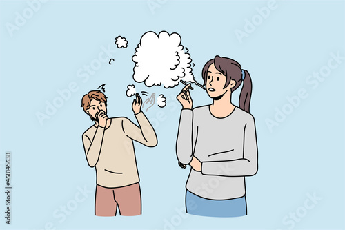Woman smoking cigarette effect man passerby walking near. Male passive smoker cough because of female with tobacco. Unhealthy bad habit, air pollution concept. Flat vector illustration. 