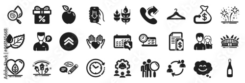 Set of Business icons  such as Online test  Local grown  Gluten free icons. Hold heart  Spanner  Fireworks rocket signs. Share call  Cloakroom  Time change. Couple  Apple  Champagne. Vector