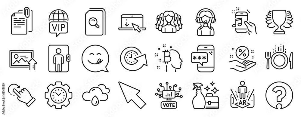 Set of Business icons, such as Music phone, Food, Online voting icons. Search files, Support, Augmented reality signs. Mouse cursor, Update time, Loan percent. Yummy smile, Phone password. Vector