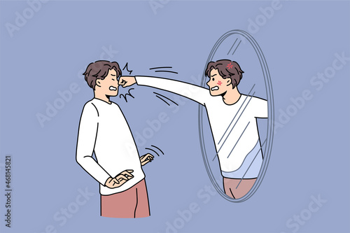 Angry man fight with mirror reflection. Furious mad guy have inner conflict and mental health problems. Suffering from abuse and self-violence. Anger control. Flat vector illustration.