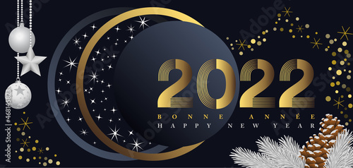 2022-Affiche ou bannière, noire, blanche et or, pour fêter le nouvel an, sur le thème de l’étoile - texte français et anglais - traduction bonne année.