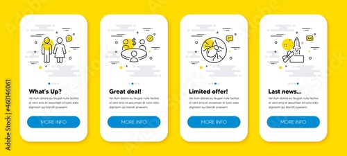 Vector set of Restroom, Bed bugs and Meeting line icons set. UI phone app screens with line icons. Innovation icon. Wc toilet, Hypoallergenic, Business collaboration. Crowdfunding. Vector