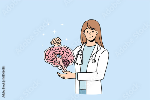 Smiling neurology surgeon hold human brain model examine body organ. Happy neuroscientist do research clinical investigation. Diagnostics and treatment concept. Flat vector illustration. 