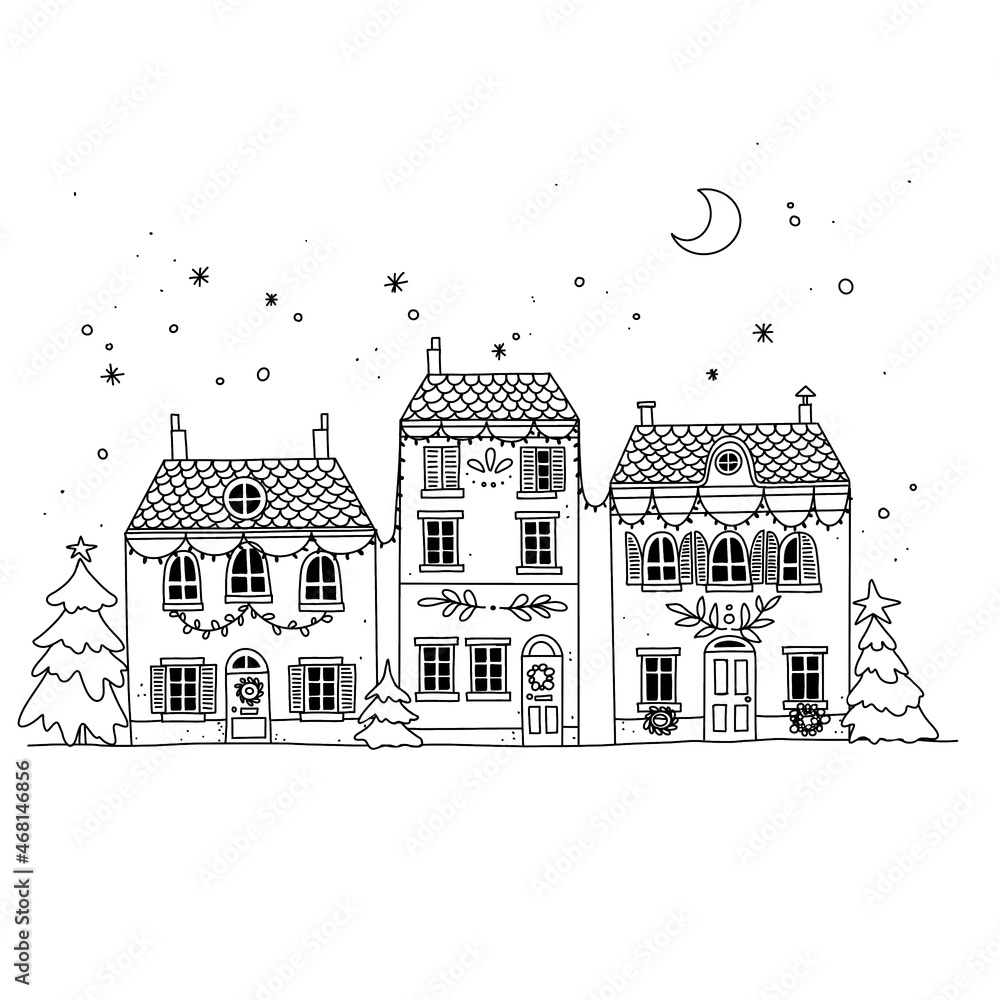 Cute Christmas houses, black and white illustration for New Year. Christmas coloring, Christmas card. Festive decor.