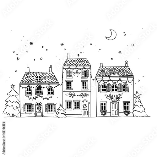 Cute Christmas houses, black and white illustration for New Year. Christmas coloring, Christmas card. Festive decor.