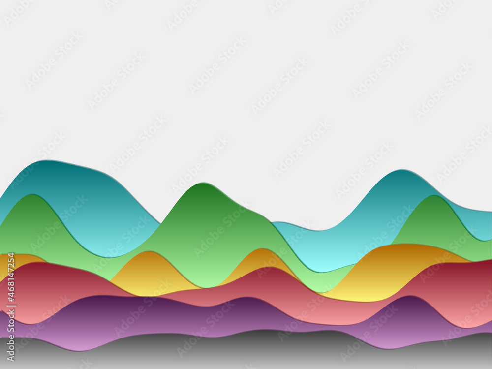 Fototapeta premium Abstract mountains background. Curved layers in spectral colors. Papercut style hills. Trendy vector illustration.