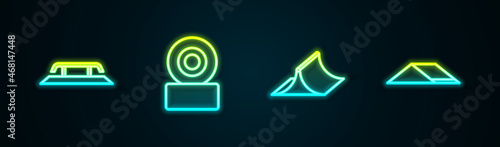 Set line Skateboard stairs with rail, wheel, park and . Glowing neon icon. Vector