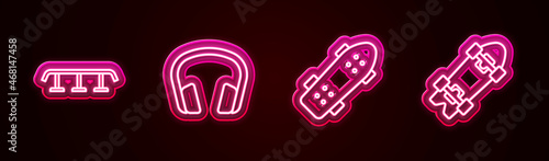 Set line Skateboard stairs with rail, Headphones, and Longboard or skateboard. Glowing neon icon. Vector