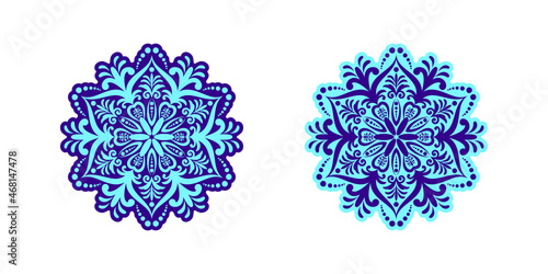 Simple set of related isolated flat snowflakes on white background. Cute elements for Christmas banner, poster, sticker, postcard, web design and so on.  Design elements for New Year projects.