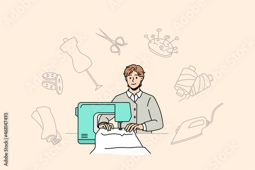Man dressmaker work on sewing machine design new clothes line in workshop. Smiling male designer or tailor work in fashion atelier or studio. Style, dressmaking concept. Vector illustration.