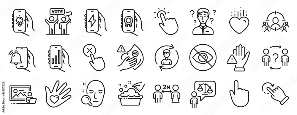 Set of People icons, such as Charging app, Award app, Hand click icons. Not looking, Heart, Business targeting signs. Photo studio, Hand washing, Human resources. Touchpoint, Reject click. Vector