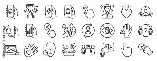 Set of People icons  such as Charging app  Award app  Hand click icons. Not looking  Heart  Business targeting signs. Photo studio  Hand washing  Human resources. Touchpoint  Reject click. Vector