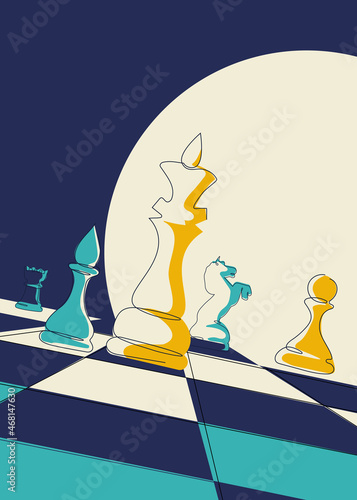 Poster with chess pieces on the board. Placard design in doodle style.