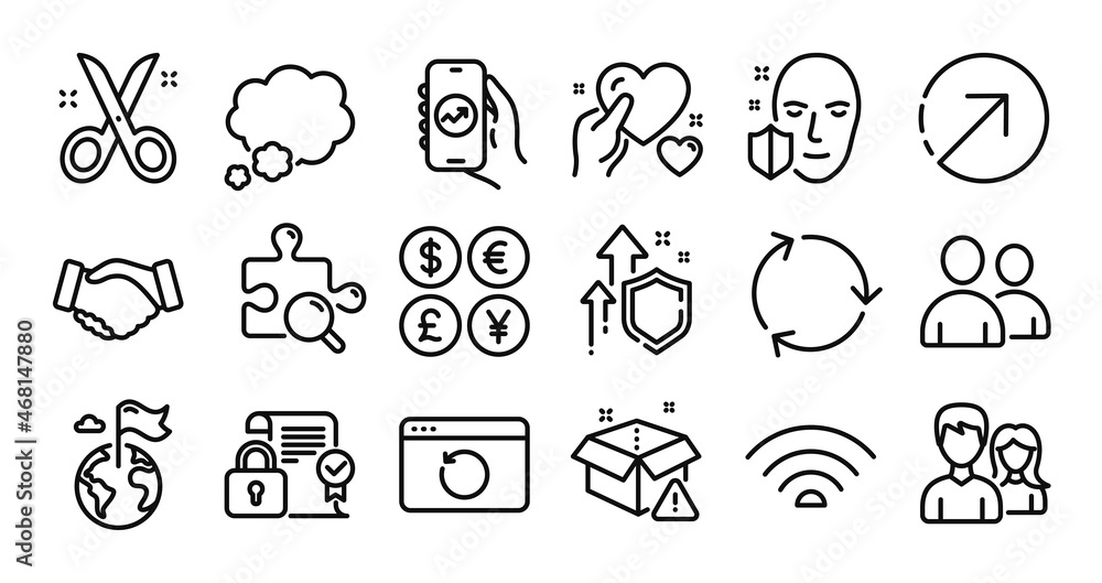 Destination flag, Delivery warning and Users line icons set. Secure shield and Money currency exchange. Security contract, Hold heart and Wifi icons. Vector Destination flag, Delivery warning and Users line icons set. Secure shield and Money currency exchange. Security contract, Hold heart and Wifi icons. Vector