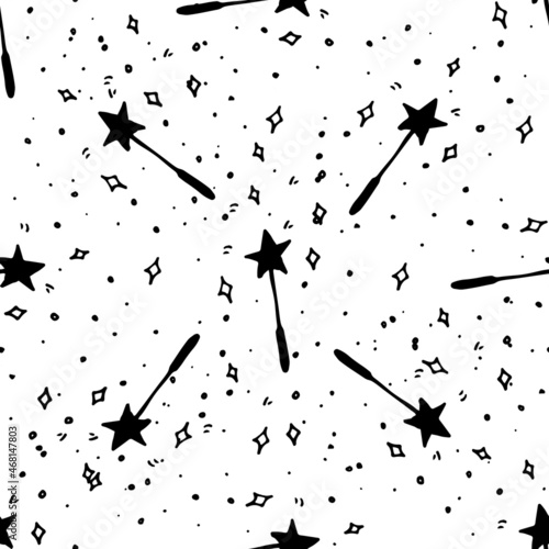 a magic wand with a seamless pattern. a hand-drawn fairy magic wand with a star at the end in the style of black doodles with sequins and dots chaotically on a white background. seamless textile textu