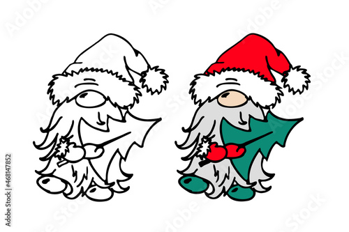 Illustration with a cute Christmas gnome holding a Christmas tree in his hands. Coloring book for children. Silhouette