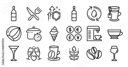 Dry cappuccino, Hazelnut and Ice cream line icons set. Secure shield and Money currency exchange. Coffee machine, Tea and Bordeaux glass icons. Wine bottle, Coffee cup and Boiling pan signs. Vector