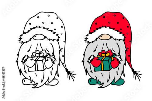 Illustration with a cute Christmas gnome with gift. Coloring book for children. Silhouette
