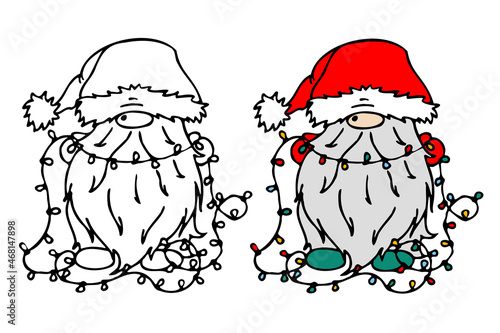 Illustration with a cute Christmas gnome holding a Christmas tree garland in his hands. Coloring book for children. Silhouette