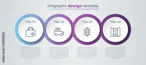 Set line First aid kit, Car, Centipede insect and Waterfall. Business infographic template. Vector © Kostiantyn