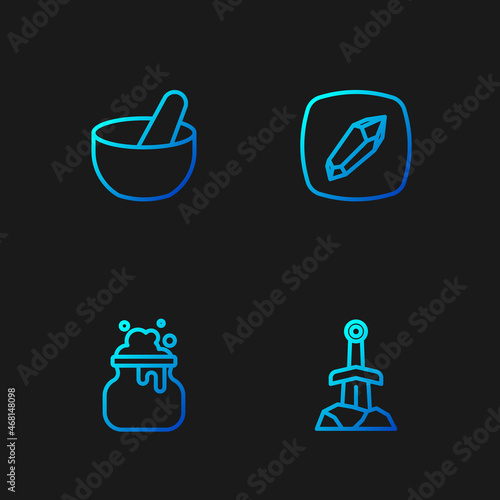 Set line Sword in the stone, Witch cauldron, and Magic. Gradient color icons. Vector