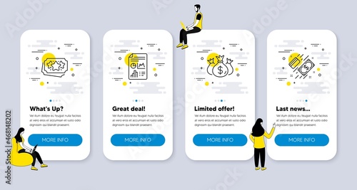Vector Set of Finance icons related to Check investment, Report document and Loyalty points icons. UI phone app screens with people. Payment line symbols. Vector