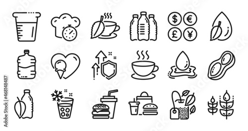 Peanut, Gluten free and Cappuccino line icons set. Secure shield and Money currency exchange. Mint tea, Cooler bottle and Ice maker icons. Ice cream, Cooking beaker and Mint bag signs. Vector