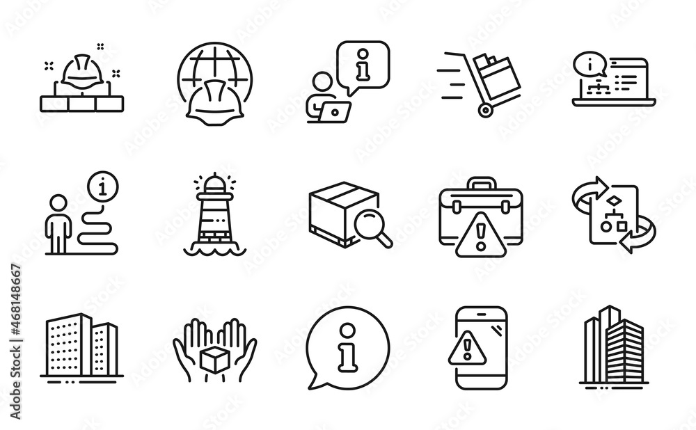 Industrial icons set. Included icon as Warning message, Hold box, Skyscraper buildings signs. Push cart, Construction bricks, Search package symbols. Warning briefcase, Technical algorithm. Vector Industrial icons set. Included icon as Warning message, Hold box, Skyscraper buildings signs. Push cart, Construction bricks, Search package symbols. Warning briefcase, Technical algorithm. Vector