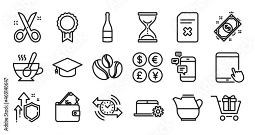 Tablet pc, Payment and Notebook service line icons set. Secure shield and Money currency exchange. Graduation cap, Shopping cart and Timer icons. Vector