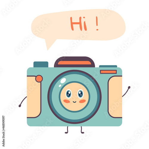 Cute character photo camera. Happy camera says hi. Flat vector illustration.