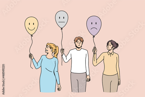 Diverse people hold balloons with different emotions. Clients or consumers leave feedback on good or bad quality service. Consumerism, answer and reaction concept. Flat vector illustration. 