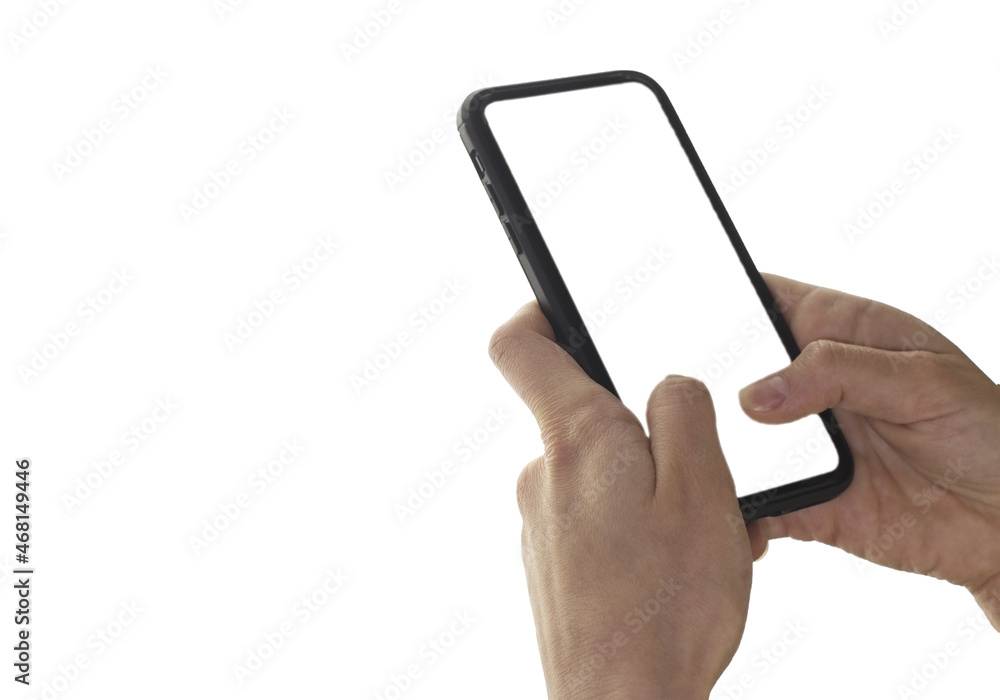 The layout of the phone. Hand touching smartphone on a white background, copy space. The layout of the phone. Hand touching smartphone on a white background, copy space.