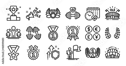 Reward, Dumbbell and Winner cup line icons set. Secure shield and Money currency exchange. Winner, Approved and Leadership icons. Sports arena, Laureate award and Arena stadium signs. Vector
