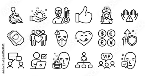 Love couple  Thermometer and Love ticket line icons set. Secure shield and Money currency exchange. Sunny weather  Disability and Like icons. Clean hands  Medical mask and Management signs. Vector
