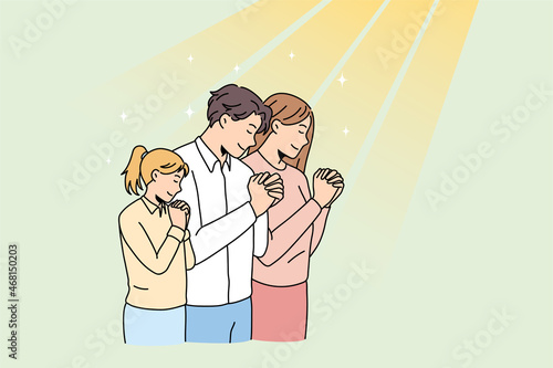 Young family with child keep hands in prayer have religious superstitious time in church. Parents with small kid pray to God in chapel. Worship and religion. Faith concept. Flat vector illustration. 