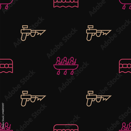 Set line Swimming pool, Fishing harpoon and Canoe rowing team sports on seamless pattern. Vector