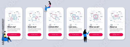 Set of Business icons, such as Refer friend, Family questions, Hold heart icons. UI phone app screens with teamwork. Wallet money, Reward, 360 degrees line symbols. Vector