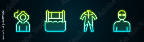 Set line Aqualung, Water volleyball net, Wetsuit for scuba diving and Swimmer. Glowing neon icon. Vector