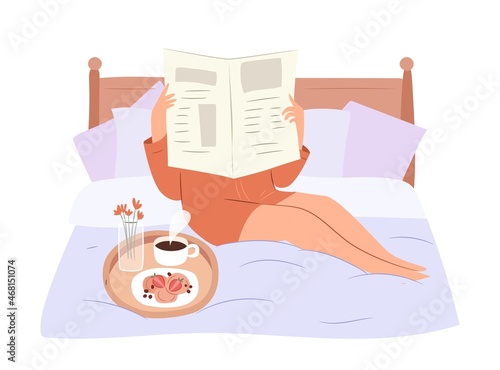 Morning routine concept. Girl reading newspaper and having breakfast in bed. Flat vector illustration on white background