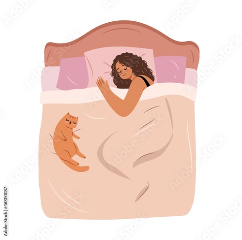 Woman sleeping in bed concept. Cute Afro girl sleeping at home with cat. Flat vector illustration