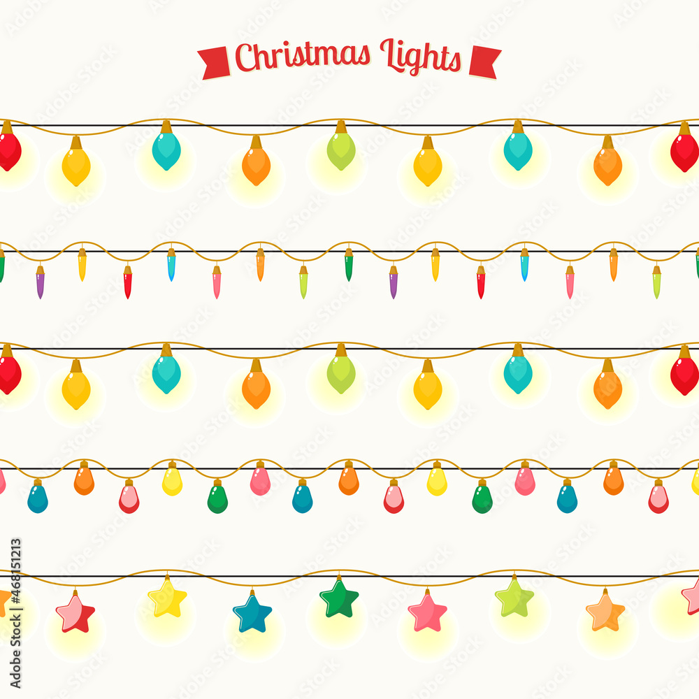 Set of colorful christmas lights on white background.