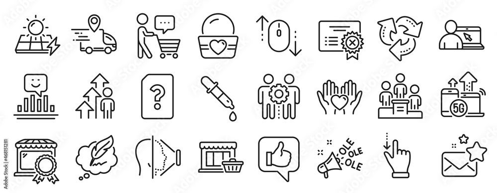 Naklejka premium Set of Business icons, such as Chemistry pipette, Favorite mail, Recycle icons. 5g internet, Face id, Smile signs. Copyright chat, Business podium, Touchscreen gesture. Marketplace, Like. Vector
