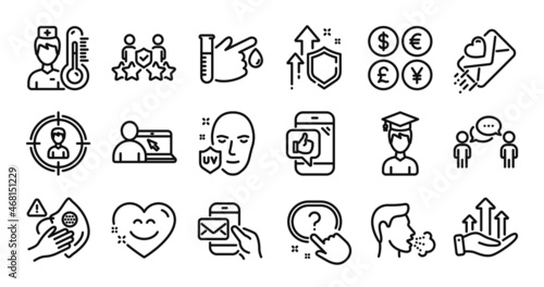 Question button, Thermometer and Messenger mail line icons set. Secure shield and Money currency exchange. Blood donation, Headhunting and Online education icons. Vector