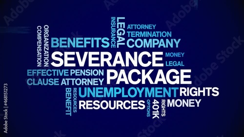 Severance Package Animated tag word cloud;text design animation kinetic typography seamless loop.