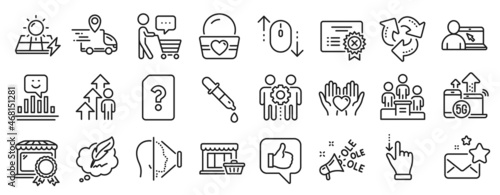 Set of Business icons  such as Chemistry pipette  Favorite mail  Recycle icons. 5g internet  Face id  Smile signs. Copyright chat  Business podium  Touchscreen gesture. Marketplace  Like. Vector