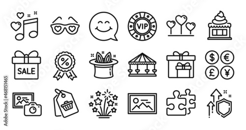 Smile face, Sale tag and Love music line icons set. Secure shield and Money currency exchange. Carousels, Photo camera and Discount medal icons. Vector © blankstock